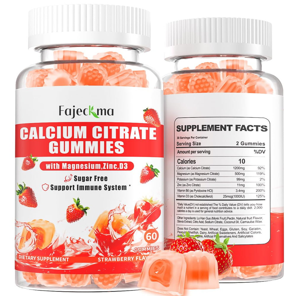 Fajeckma Calcium Citrate Gummies bottle-front, vegan sugar-free formula for bone support.