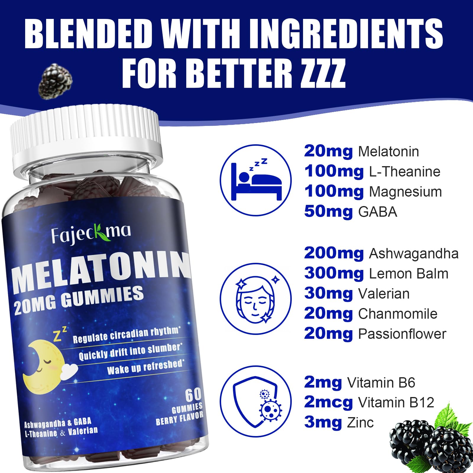 Fajeckma melatonin gummies with berry flavor in a clear bottle.