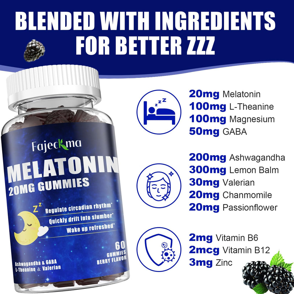 Fajeckma melatonin gummies with berry flavor in a clear bottle.