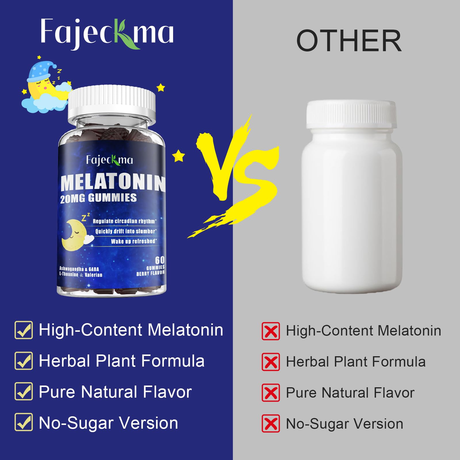 Fajeckma melatonin gummies ingredients list with Ashwagandha and L-Theanine.