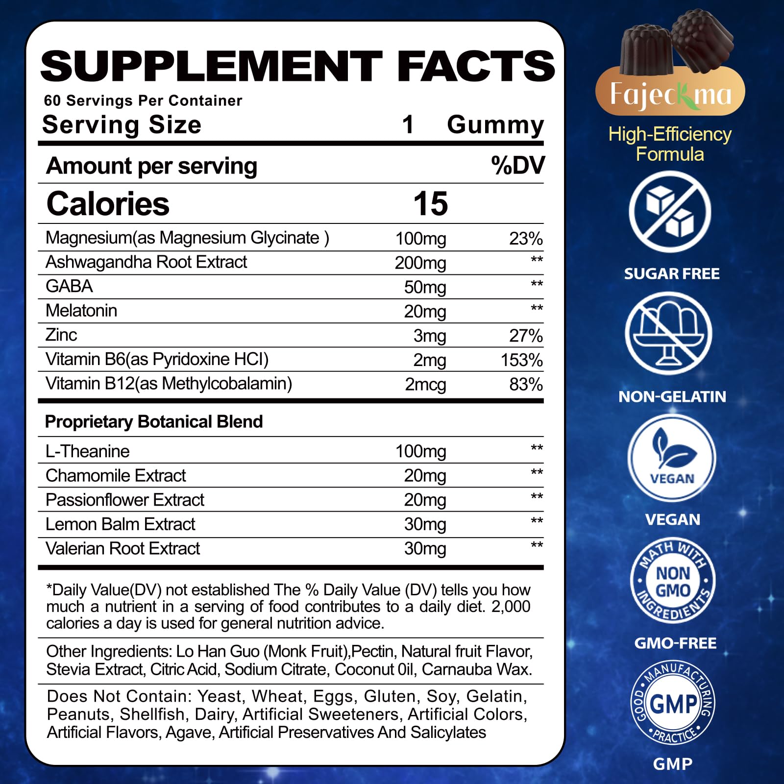 Fajeckma melatonin gummies jar close-up showing a 20 mg dose.