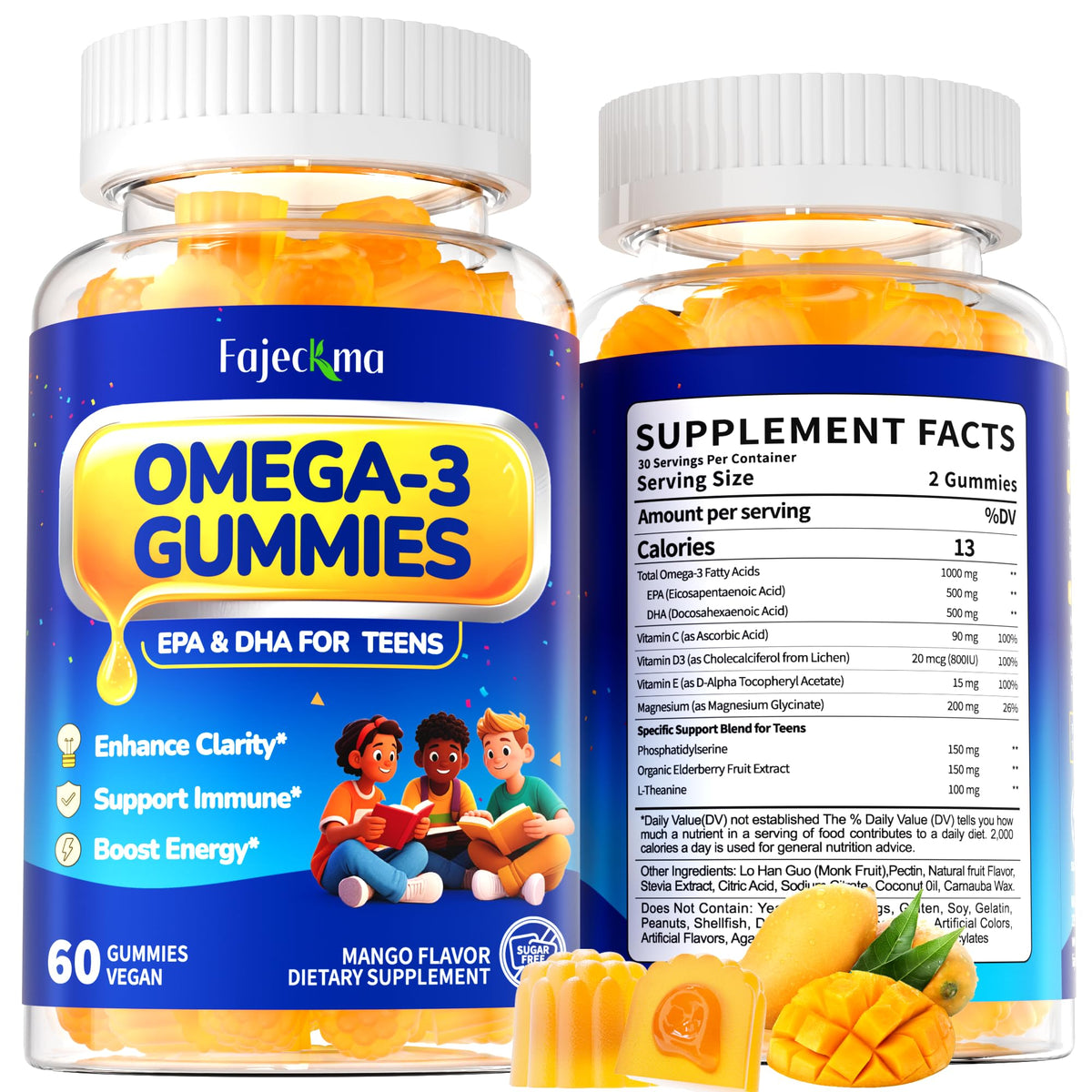 Fajeckma Omega-3 Teens gummies bottle showing vegan DHA and EPA benefits for focus