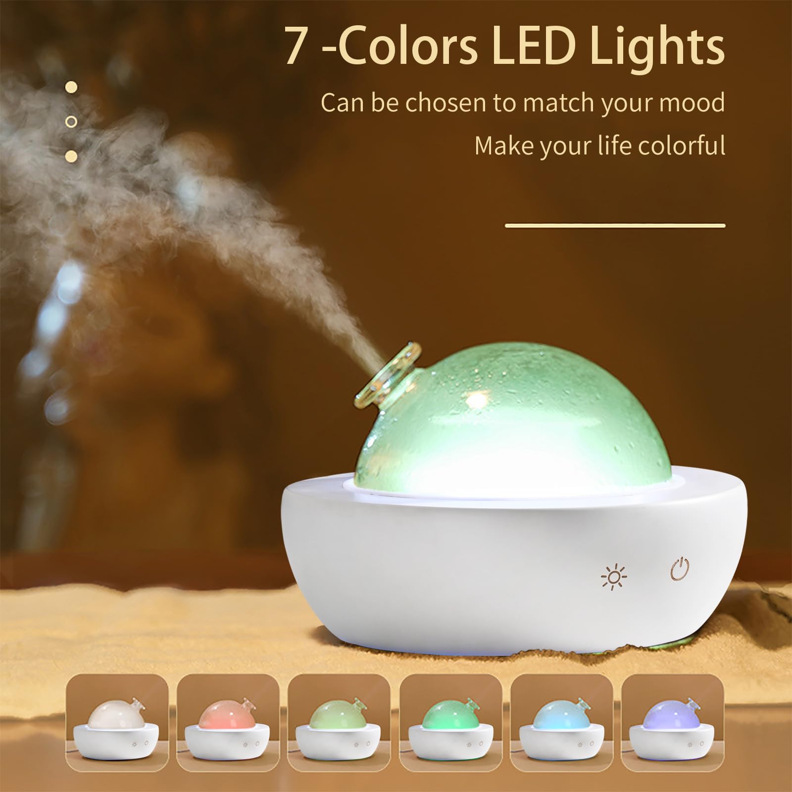 Fancemot diffuser with seven LED colors provides mood lighting.