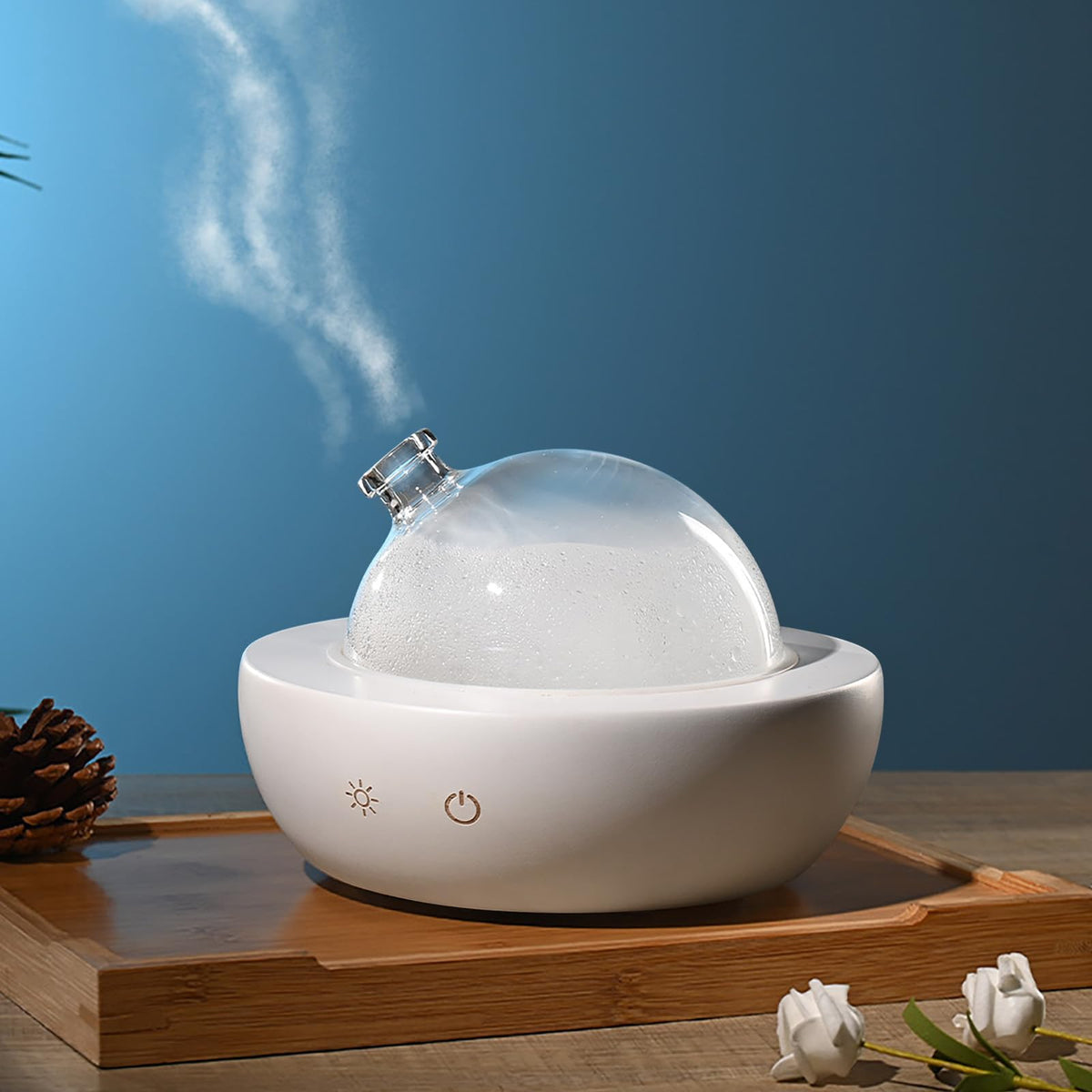Fancemot glass diffuser with wood base enhances room decor and aroma.