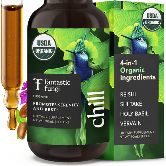 Fantastic Fungi Chill Elixir bottle shows calming mood-support blend.