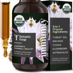 Fantastic Fungi Immunity Elixir bottle and dropper for easy daily dosing.