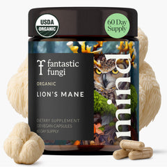 Fantastic Fungi Lions Mane bottle on shelf signaling focus support