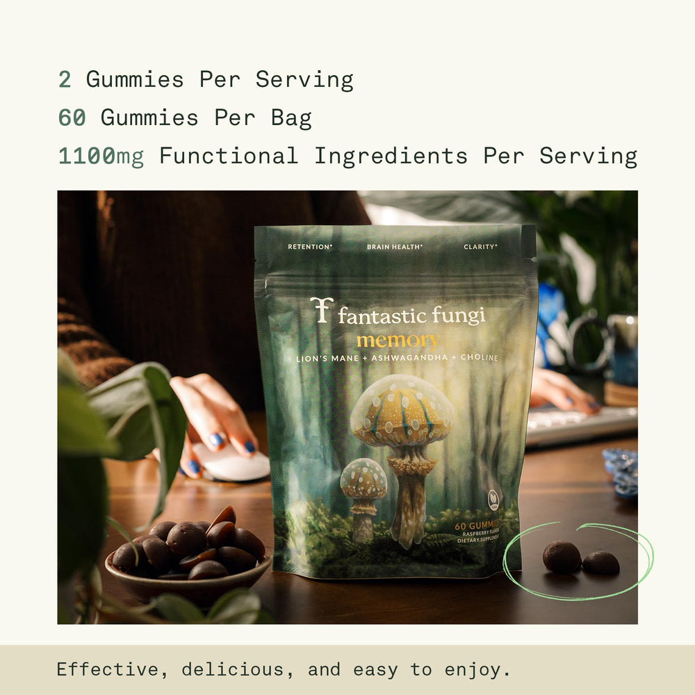 Fantastic Fungi Memory Gummies serving scoop demonstrates easy daily chew.
