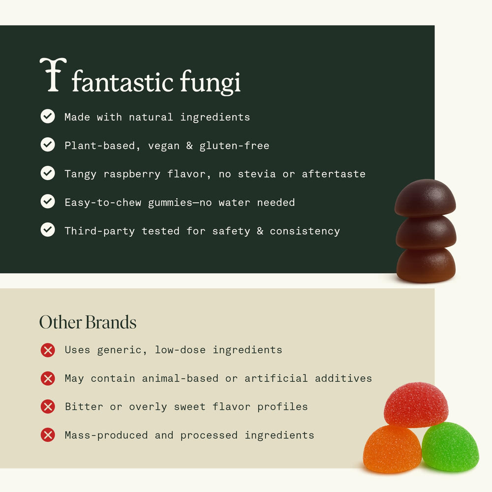 Fantastic Fungi Memory Gummies vegan gluten-free badge signals allergen-friendly option.