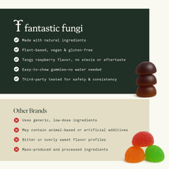 Fantastic Fungi Memory Gummies vegan gluten-free badge signals allergen-friendly option.