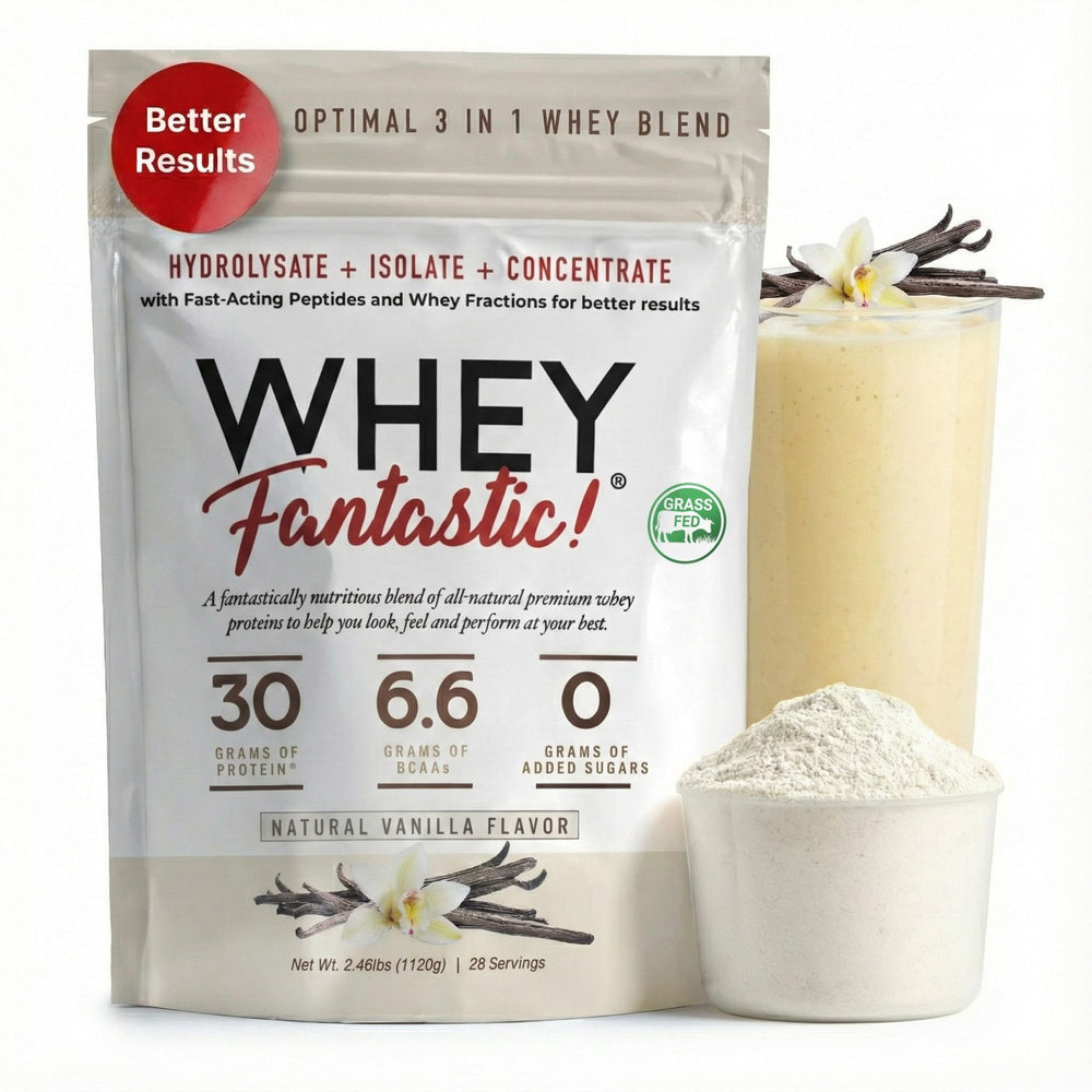 Fantastic Nutrition 3-in-1 Vanilla Whey Bottle demonstrates versatile protein for daily lean muscle support.