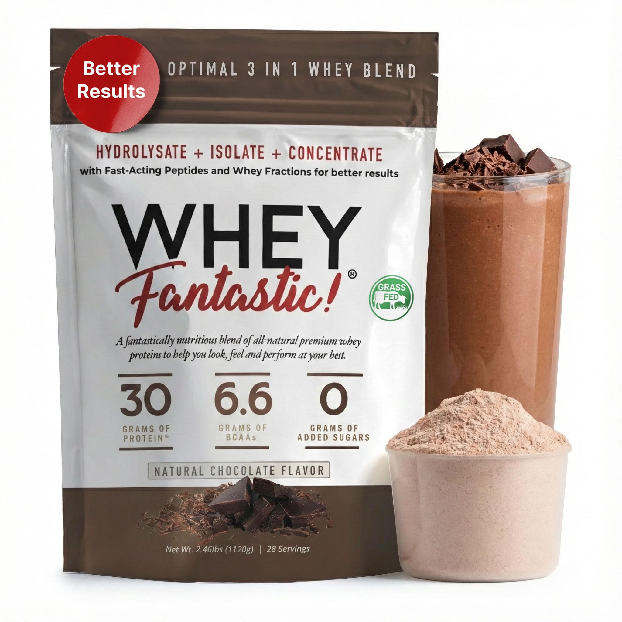 Fantastic Nutrition Chocolate whey bottle pour for an easy post-workout protein boost