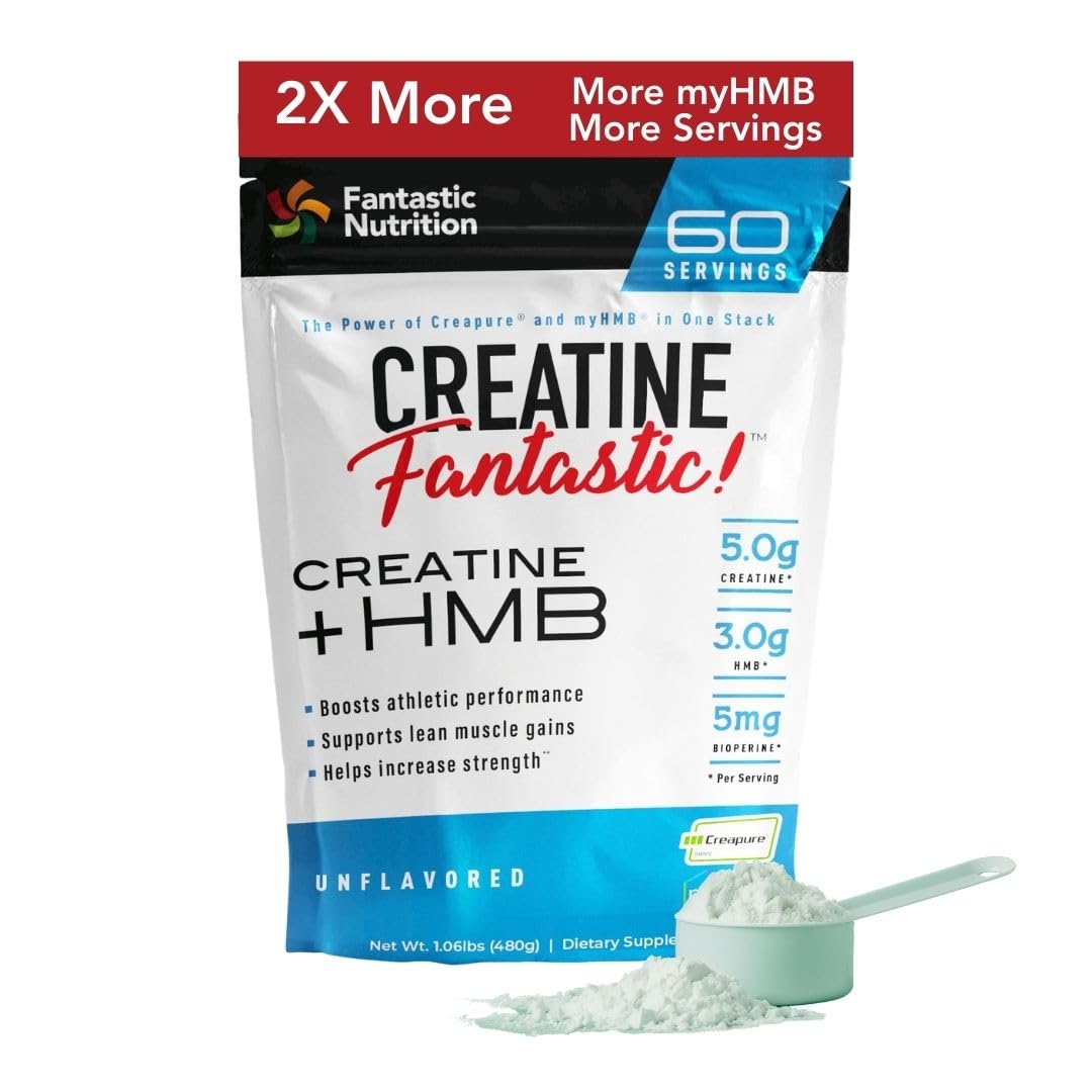 Fantastic Nutrition Creatine HMB bottle front highlights Creapure purity for athletic support.