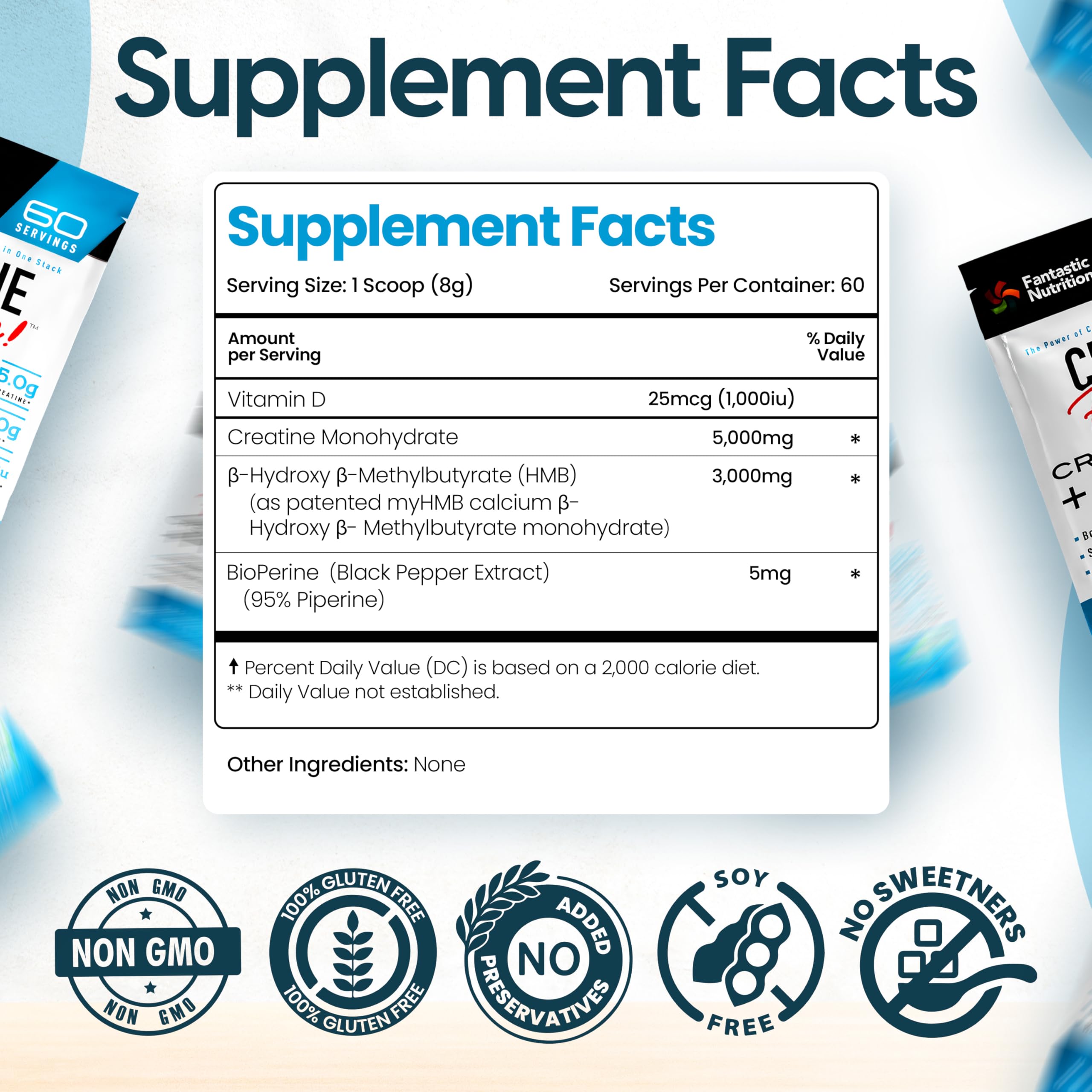 Fantastic Nutrition Creatine HMB ingredient panel emphasizes 5 g Creapure and 3 g myHMB.