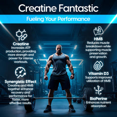 Fantastic Nutrition Creatine HMB powder scoop suggests easy daily dosing for strength.