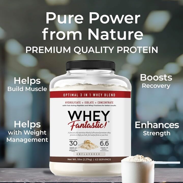 Fantastic Nutrition whey powder scoop demonstrates convenient serving for workouts