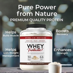 Fantastic Nutrition whey powder scoop demonstrates convenient serving for workouts