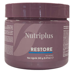 Farmasi Nutriplus Restore icons indicate vegan, non-GMO, gluten-free formula.