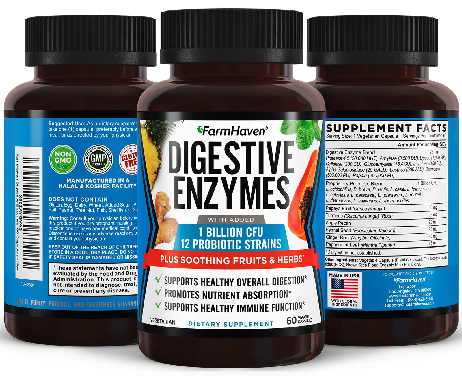 FarmHaven Digestive Enzymes bottle back highlights ingredients and how to use with meals.