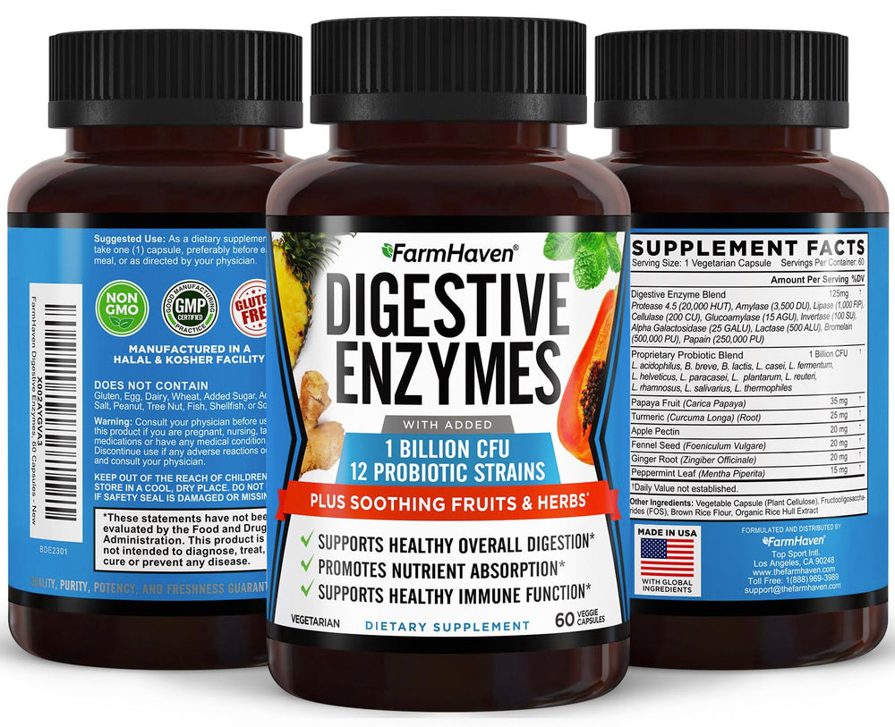 FarmHaven Digestive Enzymes bottle back highlights ingredients and how to use with meals.