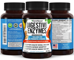 FarmHaven Digestive Enzymes bottle back highlights ingredients and how to use with meals.