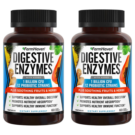 FarmHaven Digestive Enzymes bottle front illustrates a vegetarian formula for easier digestion.
