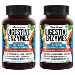 FarmHaven Digestive Enzymes bottle front illustrates a vegetarian formula for easier digestion.