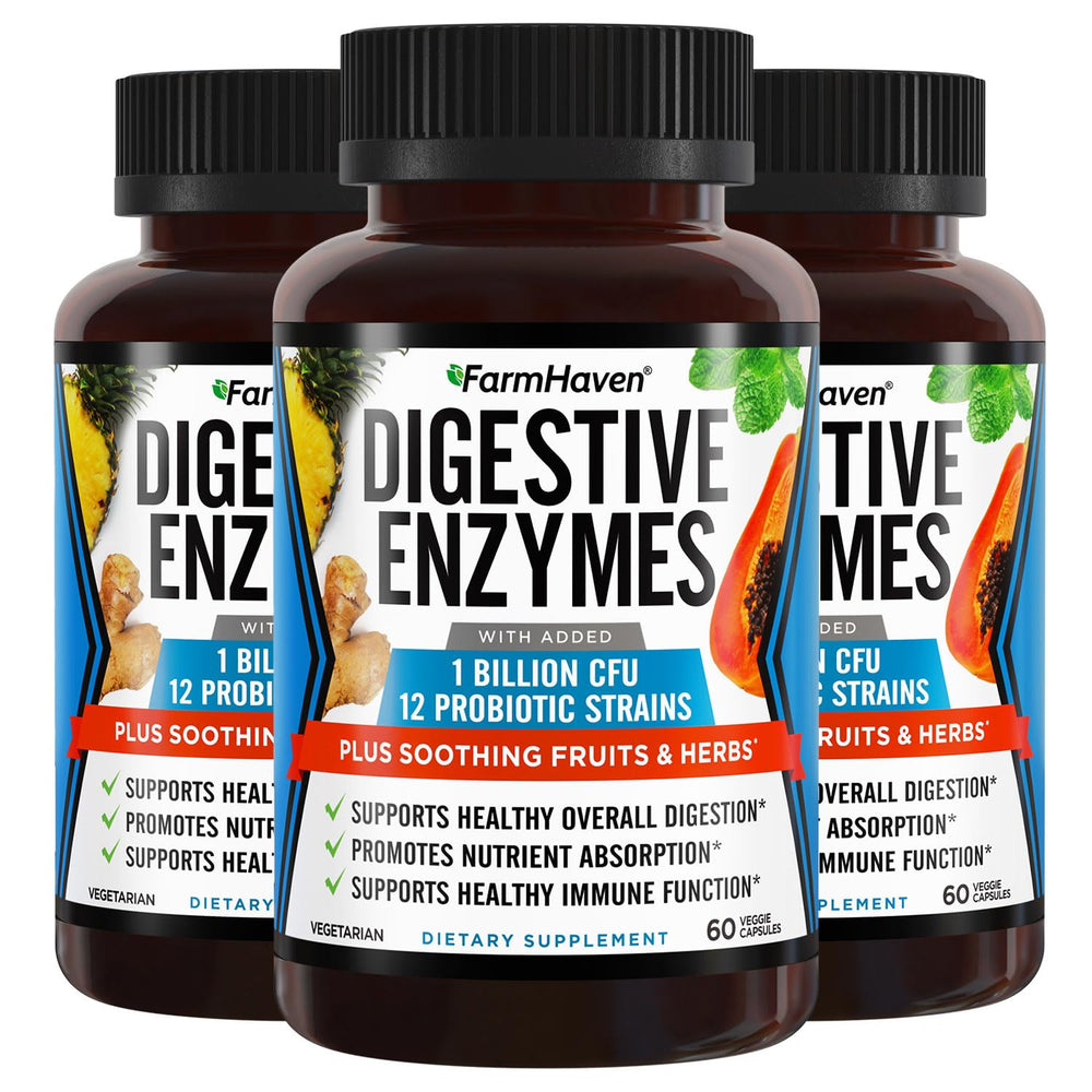 FarmHaven Digestive Enzymes bottle shows convenient daily digestion support.