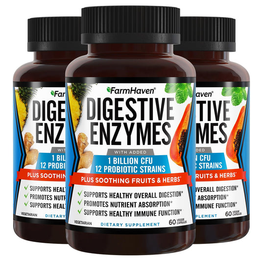 FarmHaven Digestive Enzymes bottle shows convenient daily digestion support.