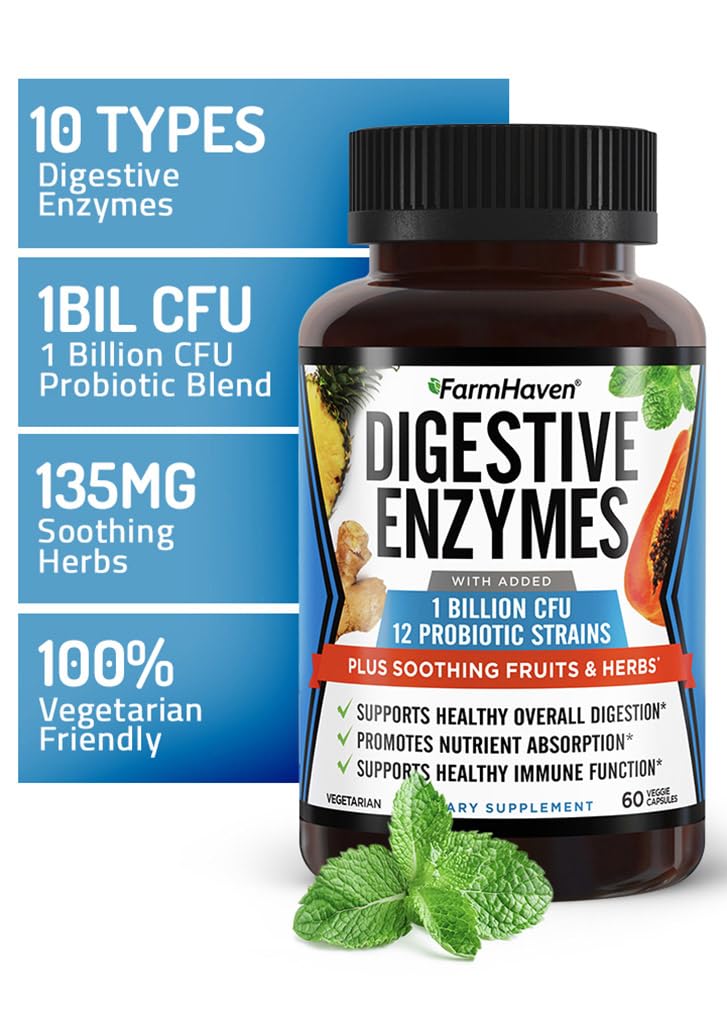 FarmHaven Digestive Enzymes capsules closeup reveals a potent enzyme blend supporting nutrient absorption.