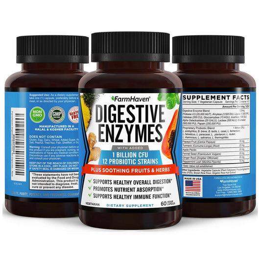 FarmHaven Digestive Enzymes capsules highlight potency for nutrient absorption.