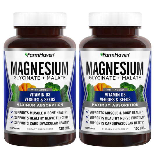 FarmHaven magnesium glycinate malate bottle with Vitamin D3 signifying high absorption