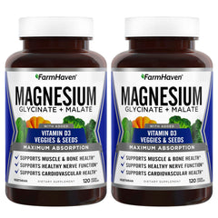 FarmHaven magnesium glycinate malate bottle with Vitamin D3 signifying high absorption