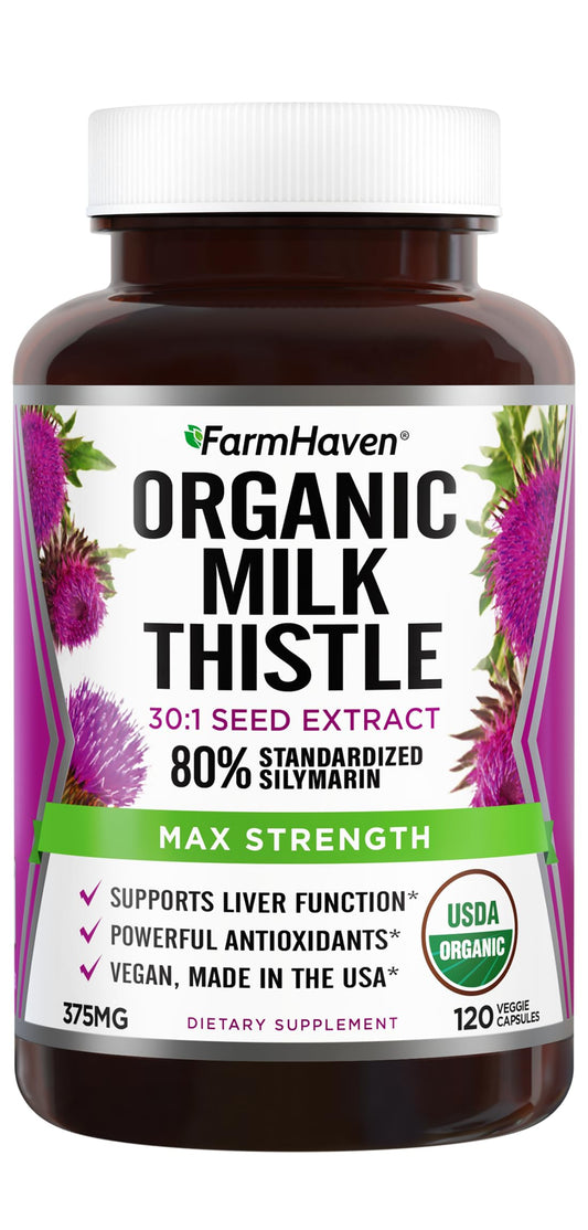 FarmHaven Milk Thistle bottle highlights high potency organic extract for absorption benefits.