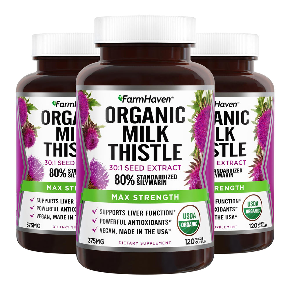 FarmHaven Milk Thistle Capsules bottle, vegan organic daily liver support.