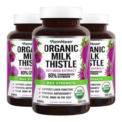 FarmHaven Milk Thistle Capsules bottle, vegan organic daily liver support.