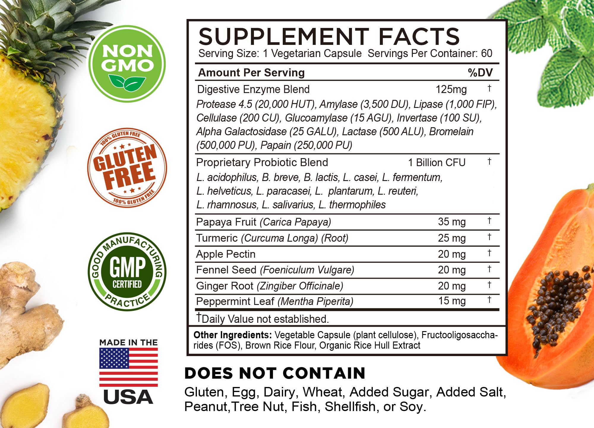 FarmHaven vegetarian, gluten-free, non-GMO symbol communicates clean, plant-based ingredients.