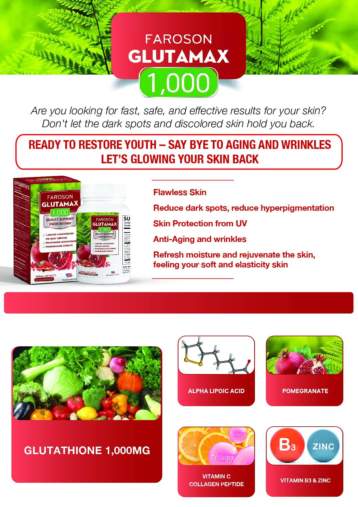 Faroson Glutamax ingredients list close-up highlighting antioxidants.