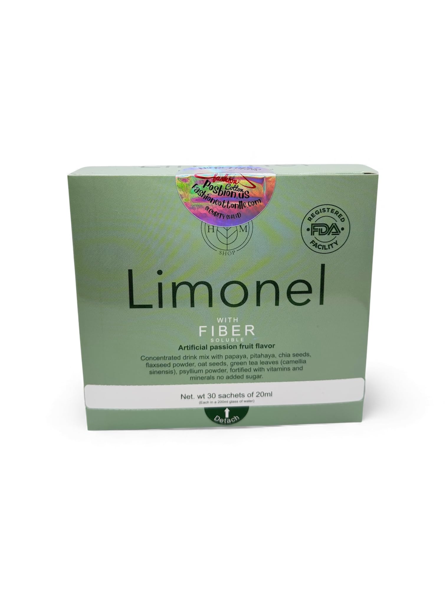 FashionCottonLLC Limonel Liquid Fiber bottle highlights chia and flaxseed for gut-friendly fiber.