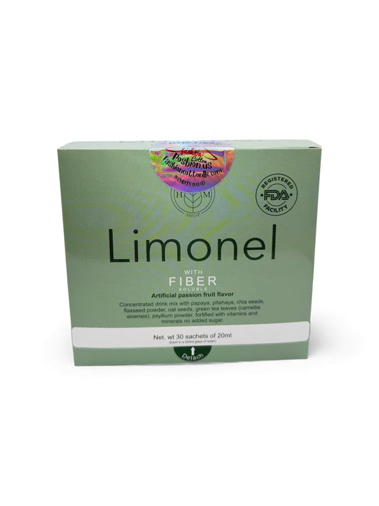 FashionCottonLLC Limonel Liquid Fiber bottle highlights chia and flaxseed for gut-friendly fiber.