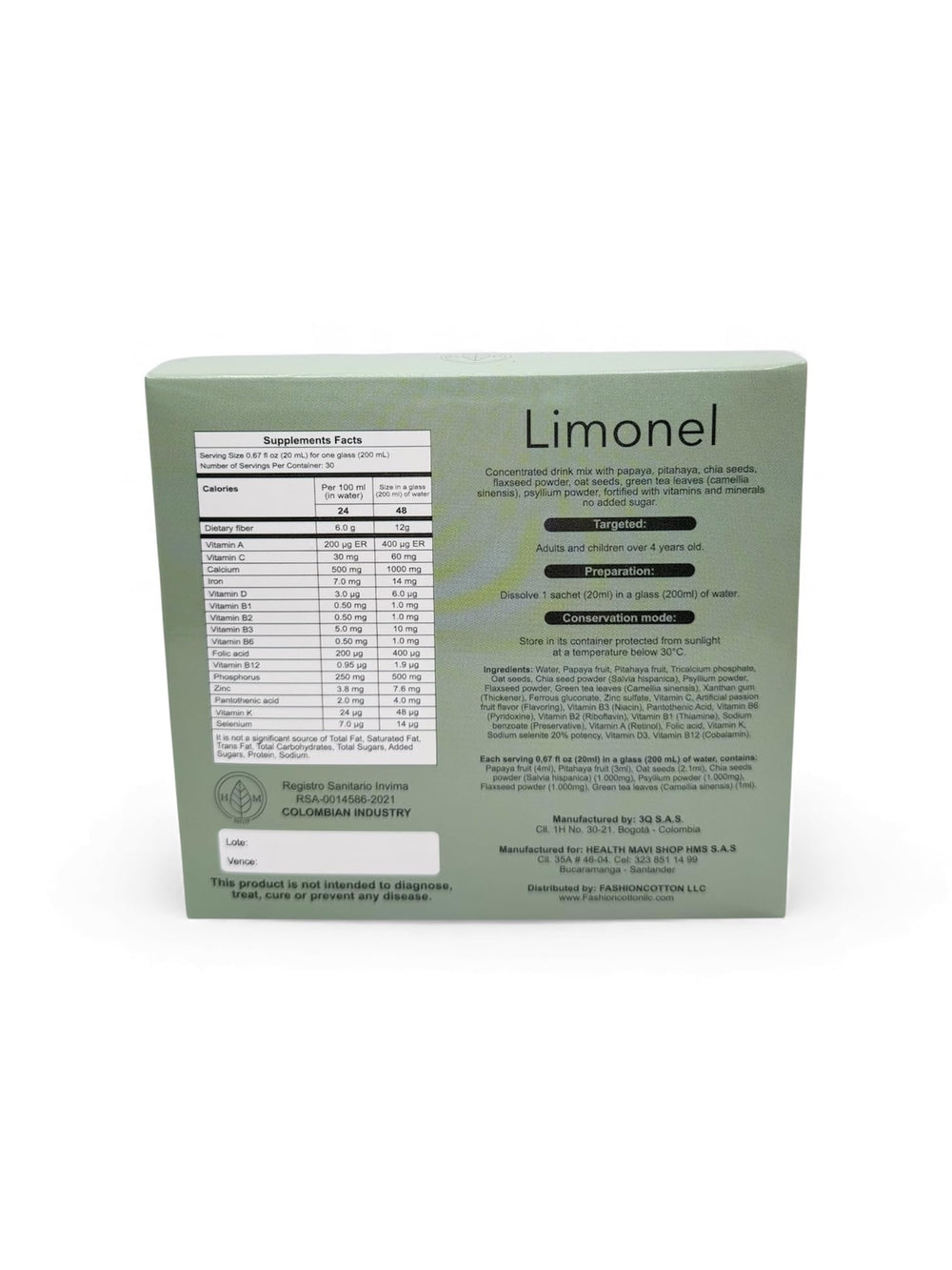 FashionCottonLLC Limonel Liquid Fiber close-up label shows natural ingredients for everyday fiber.