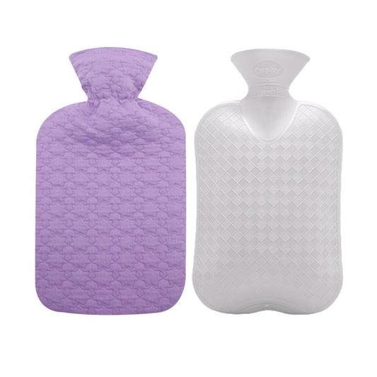 Fashy hot water bottle with purple quilted cover for cozy warmth.