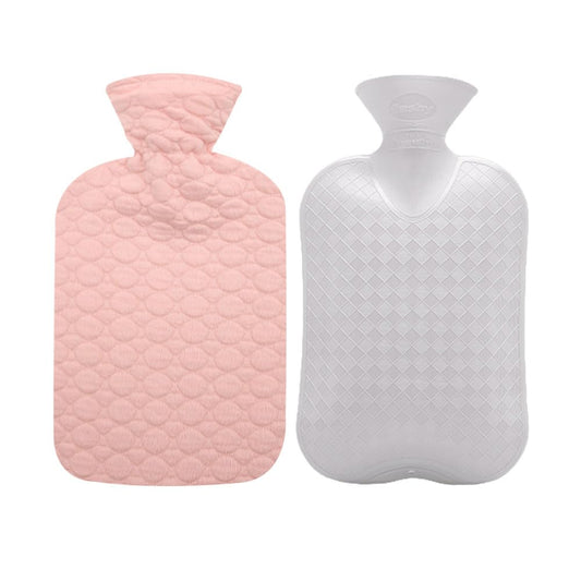 Fashy hot water bottle with blush pink quilted cover delivers cozy warmth.