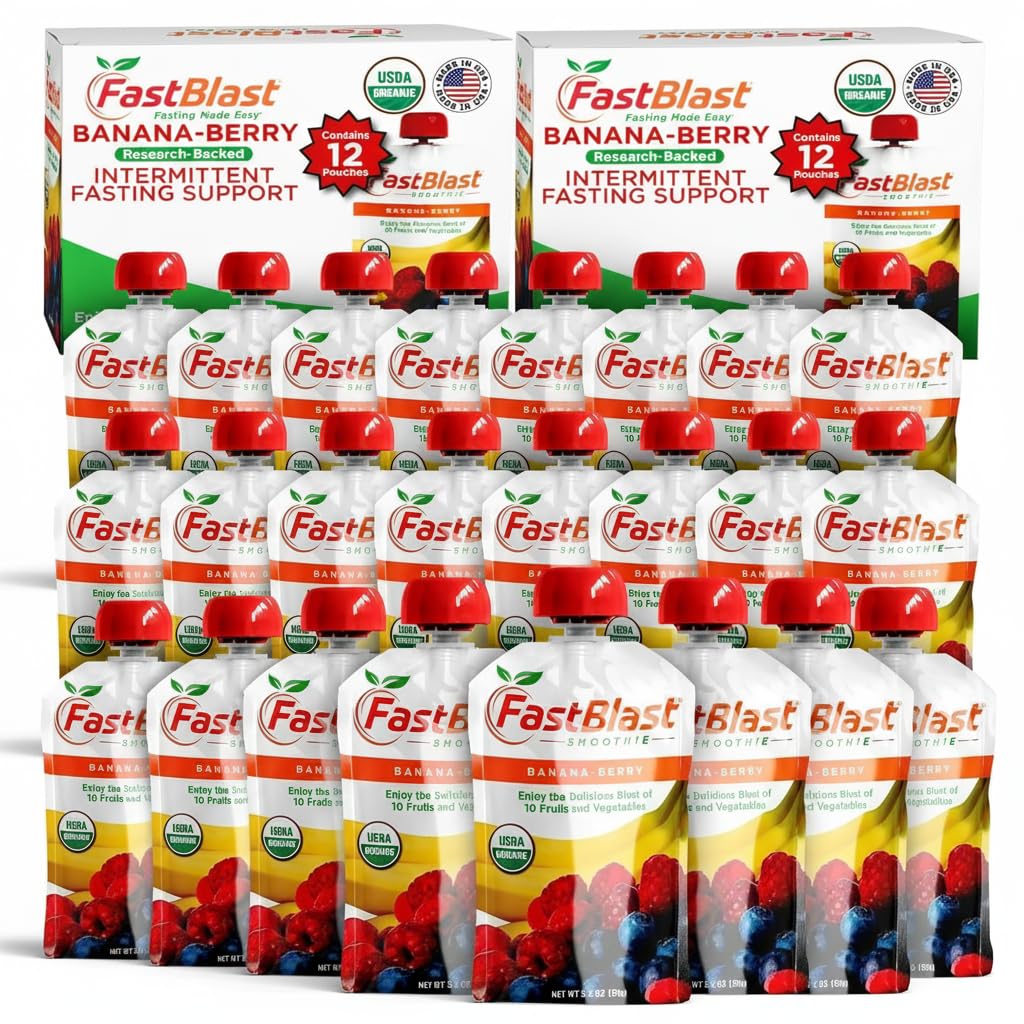 FastBlast banana berry smoothie pouch in a 2-pack for quick nutrition on the go.