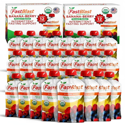 FastBlast banana berry smoothie pouch in a 2-pack for quick nutrition on the go.
