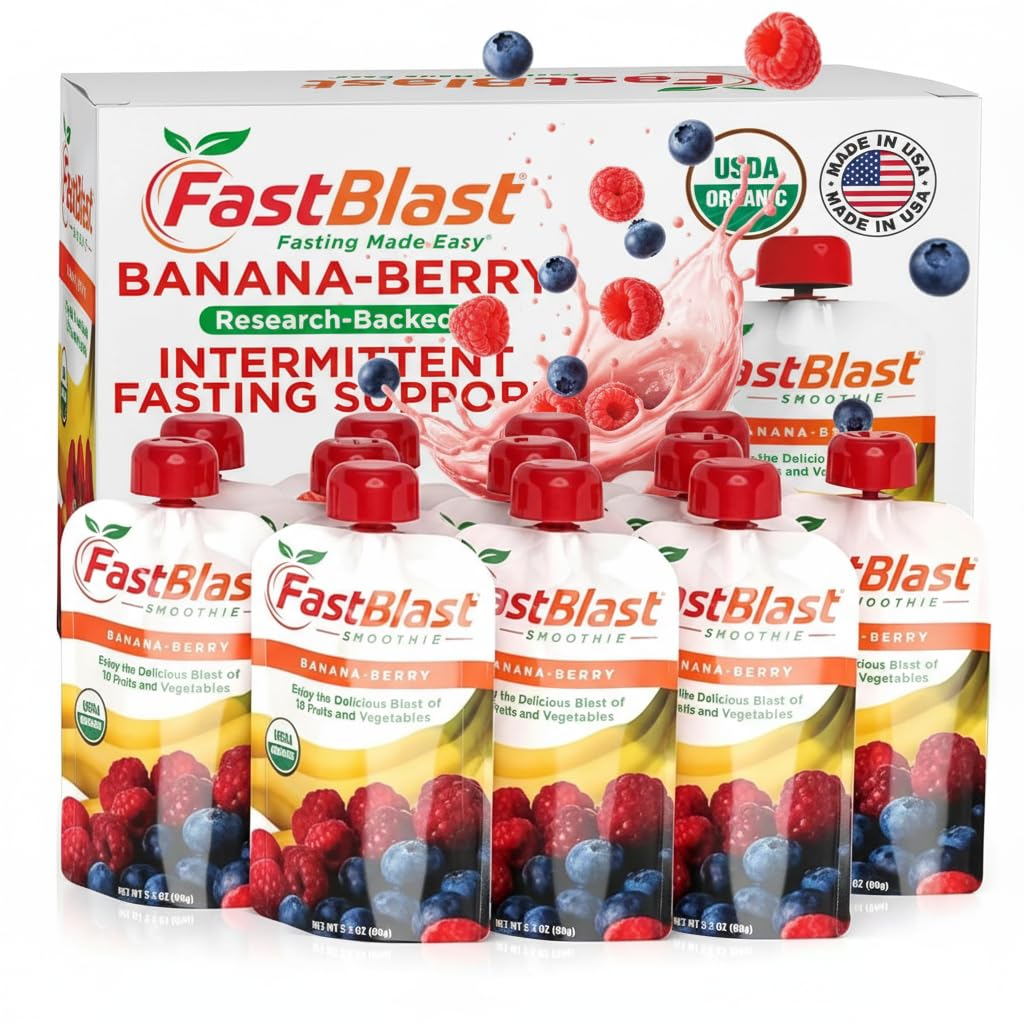 FastBlast banana-berry smoothie pouch front view for on-the-go nutrition