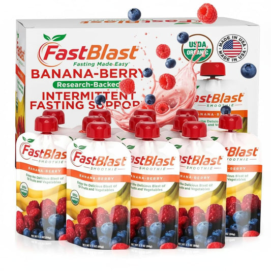 FastBlast banana-berry smoothie pouch front view for on-the-go nutrition