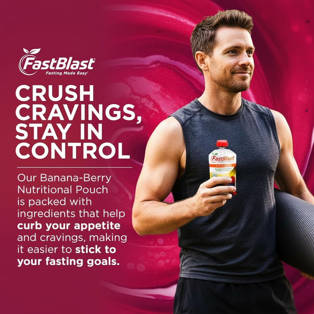 Shelf-stable FastBlast smoothie pouch perfect for travel and outdoor activities.