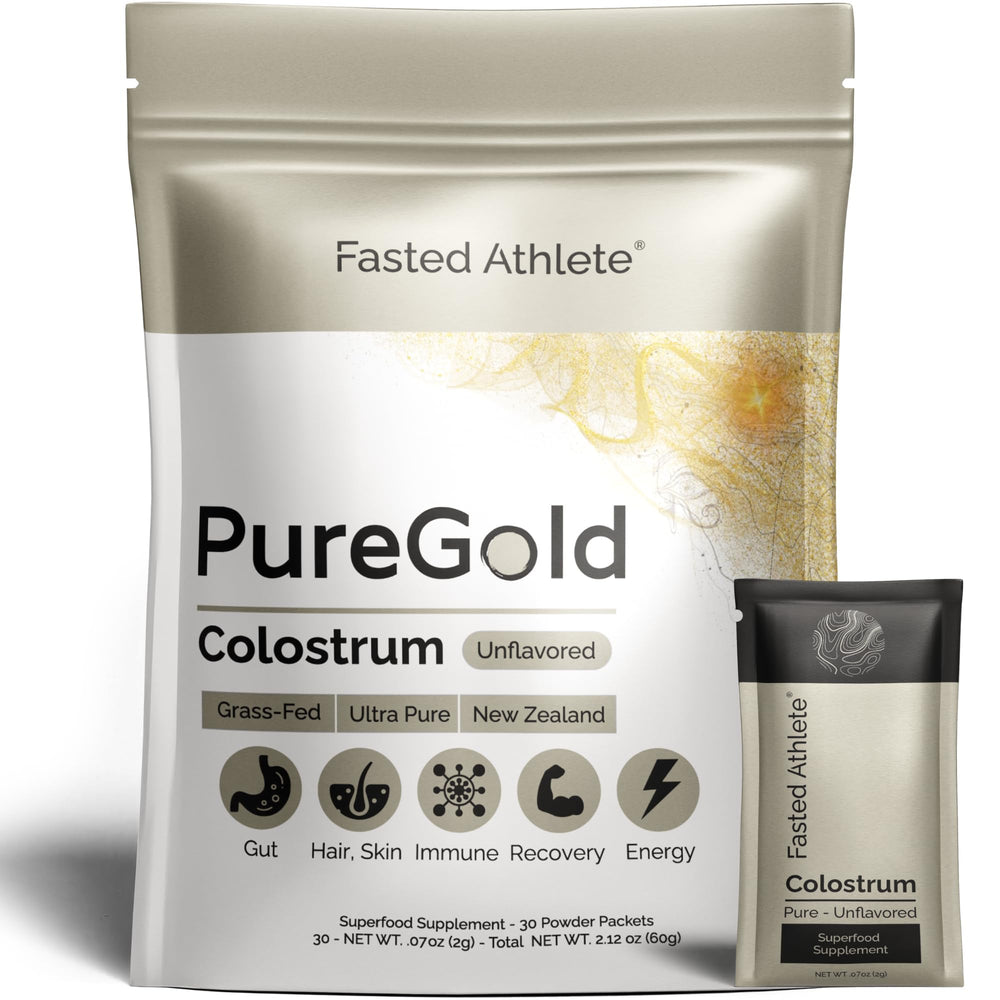 Fasted Athlete PureGold packaging shows NZ grass-fed colostrum for convenient supplementation.