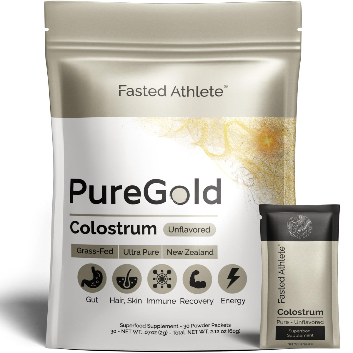Fasted Athlete PureGold packaging shows NZ grass-fed colostrum for convenient supplementation.